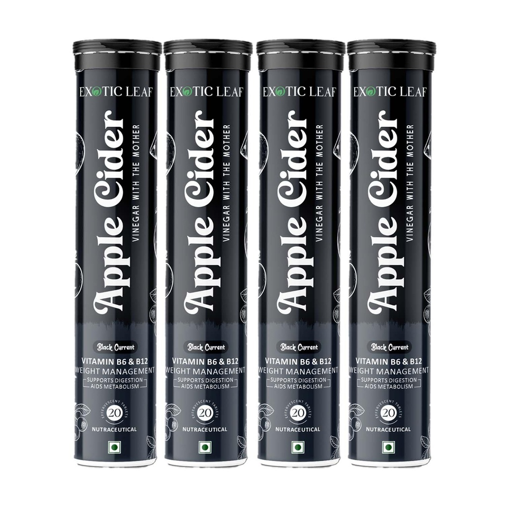 Apple Cider Vinegar Effervescent Tablets with Blackcurrant Flavour | With the Mother | Supports Digestion, Detox, Immunity & Weight Management – 20 Tablets Pack of 4