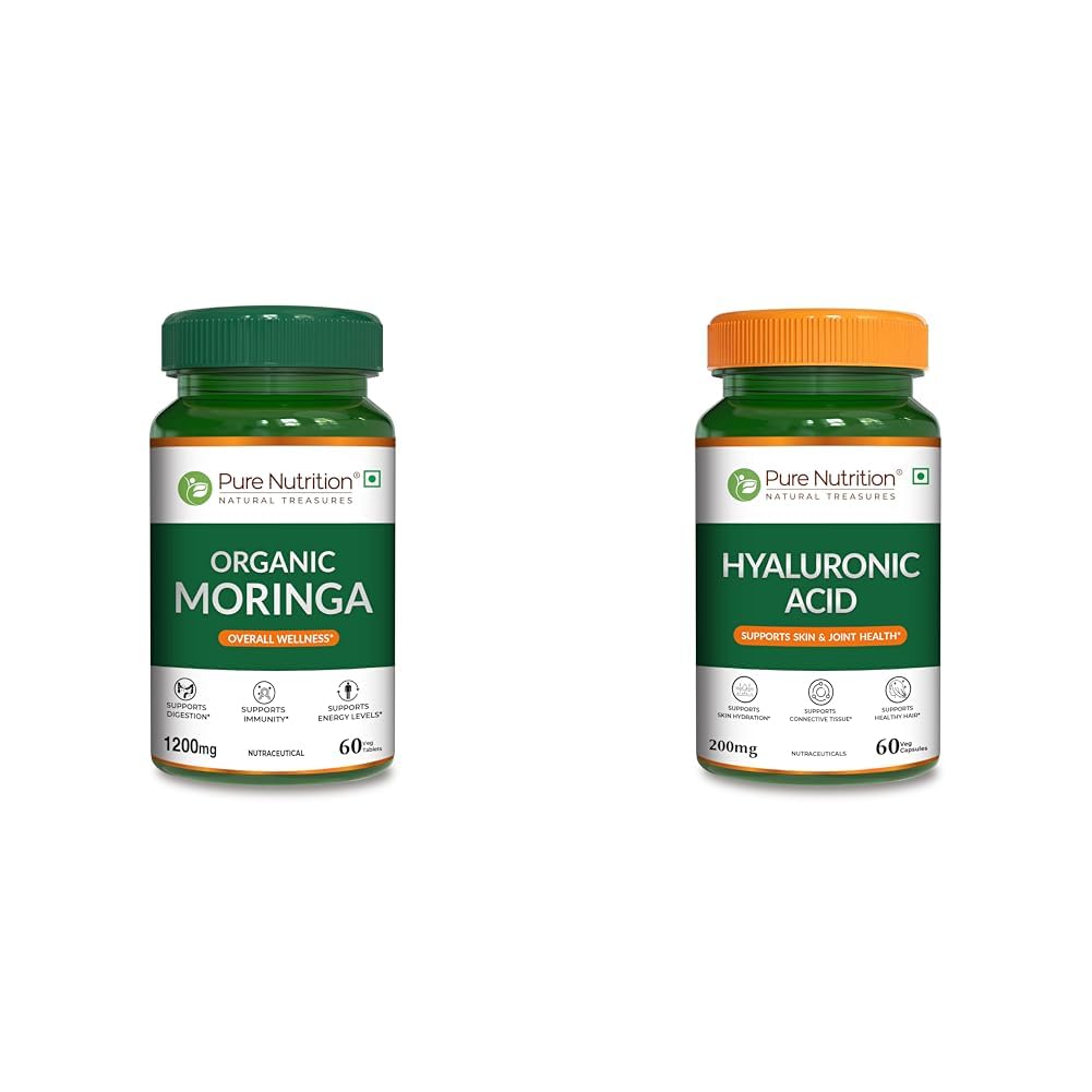 Pure Nutrition Moringa 1200mg – 60 Veg Tablets | Rich in Antioxidants, Vitamins & Minerals | Suppo | Pure Nutrition Hyaluronic Acid 200mg - 60 Veg Capsules | Supports Skin Hydration, Joint Health & C
