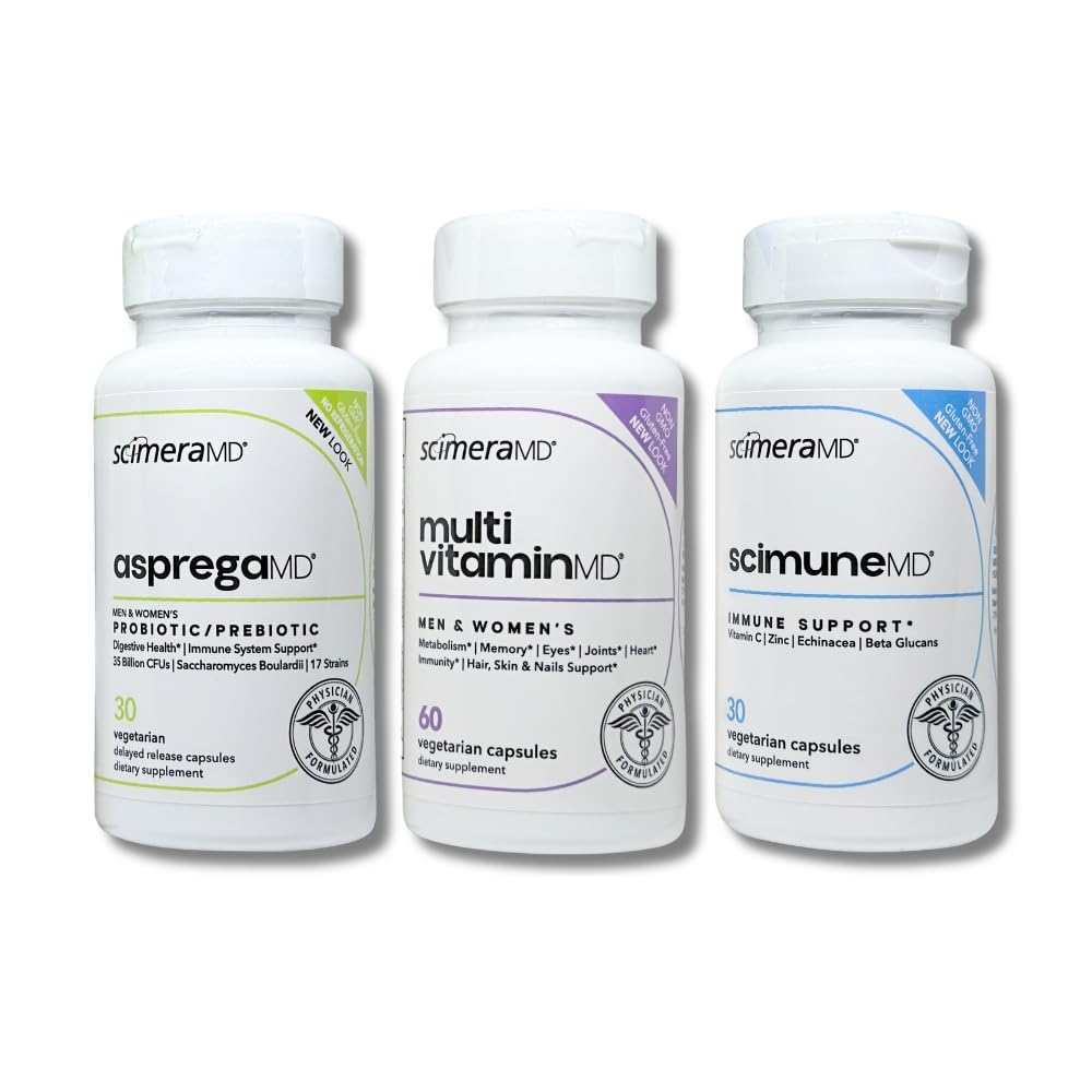 ScimeraMD® AspregaMD 30CT Probiotic + Prebiotic, ScimeraMD® ScimuneMD 30CT Immune Support en ScimeraMD® MultivitamineMD Multimineralen voor spijsverterings-, immuun- en wellnessondersteuning