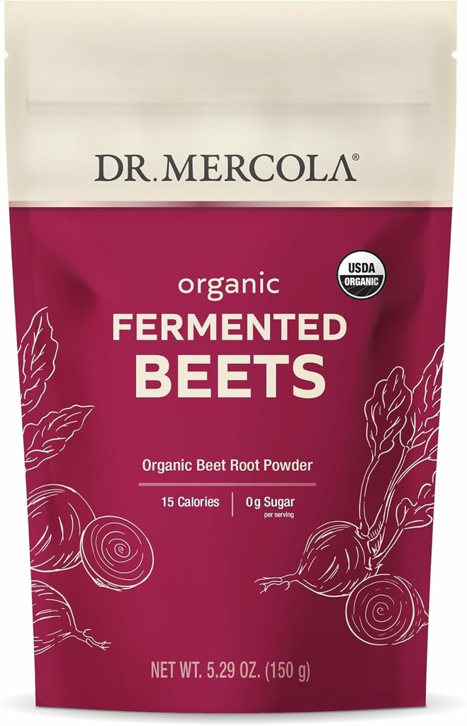 Dr Mercola Poudre de betteraves fermentées biologiques - Poudre de betteraves pour soutenir la circulation, la concentration et l'énergie - Non-OGM, sans soja et sans gluten - 30 portions