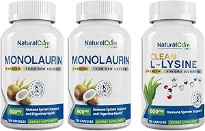 Natural Cure Labs Bundle: Monolaurin 600mg 2 Pack + Clean L-Lysine
