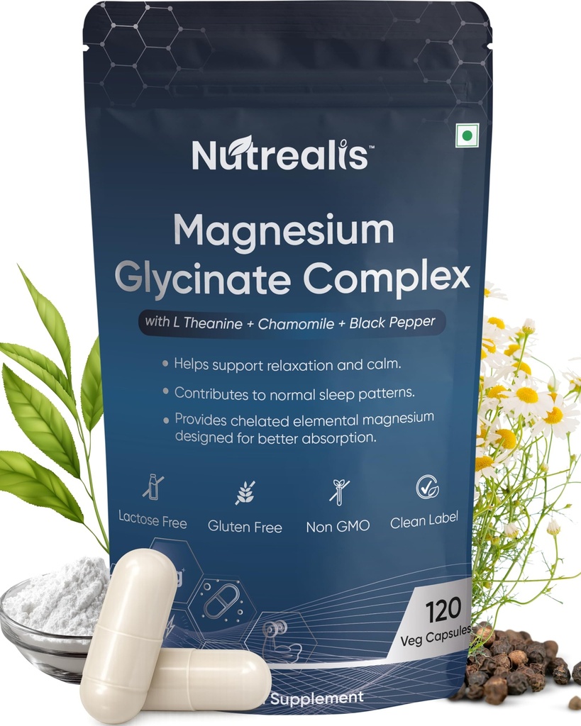 Magnesium Glycinate 400mg | 120 Veg Capsules | Chelated Magnesium Supplement with L-Theanine, Chamomile & Black Pepper | Supports Sleep, Stress & Muscle Recovery