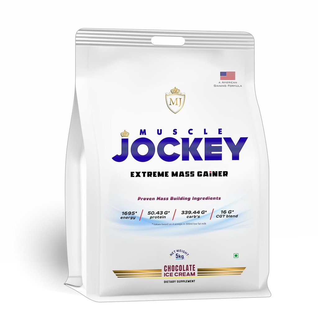 MJ Muscle Jockey Extreme Mass Gainer Powder, Chocolate Flavour, High Protien Muscle Builder & Weight Gainer 5 kg, 50.43g Protein, 339.44g Carbs, CGT Blend, High Carb Mass Gainer, 1695 Calories