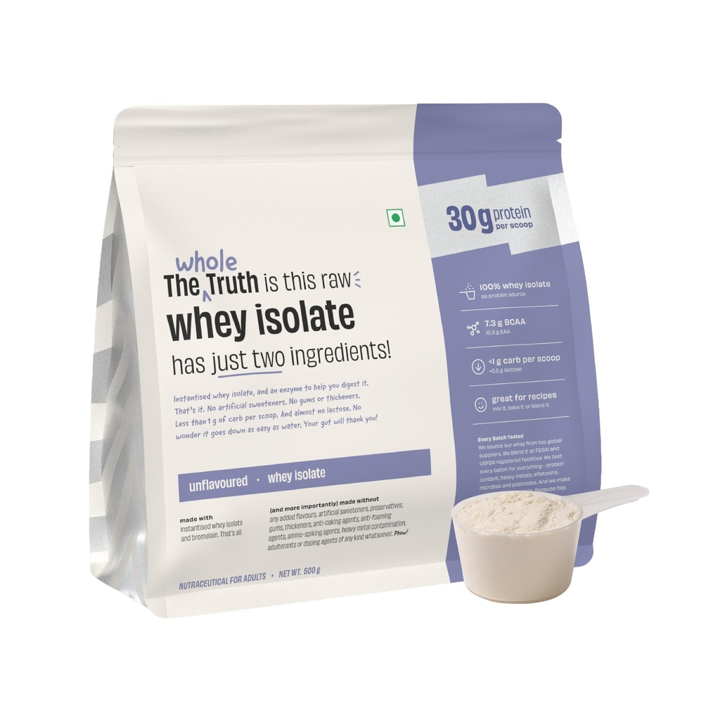 The Whole Truth Whey Protein Isolate | Unflavoured | 500g (1.1 lbs) | 30g Protein | 7.3g BCAA | Clean, Light & Easy to Digest
