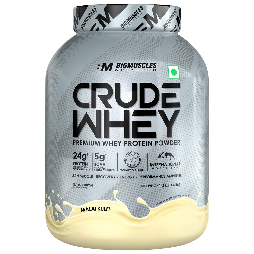 Bigmuscles Nutrition Crude Whey (Malai Kulfi) 2kg | US FDA REGD. BRAND | 24g Protein, 5.5g BCAA, 4 g Glutamine