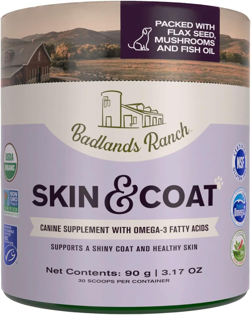 Badlands Ranch - Skin & Coat Canine Supplement w/Omega-3 Fatty Acids, Org. Ingrediënten, Antioxidant Topper, Nourish Coat & Paws, Joint, Support Shiny Coat & Healthy Skin by Katherine Heigl (30 Scops)