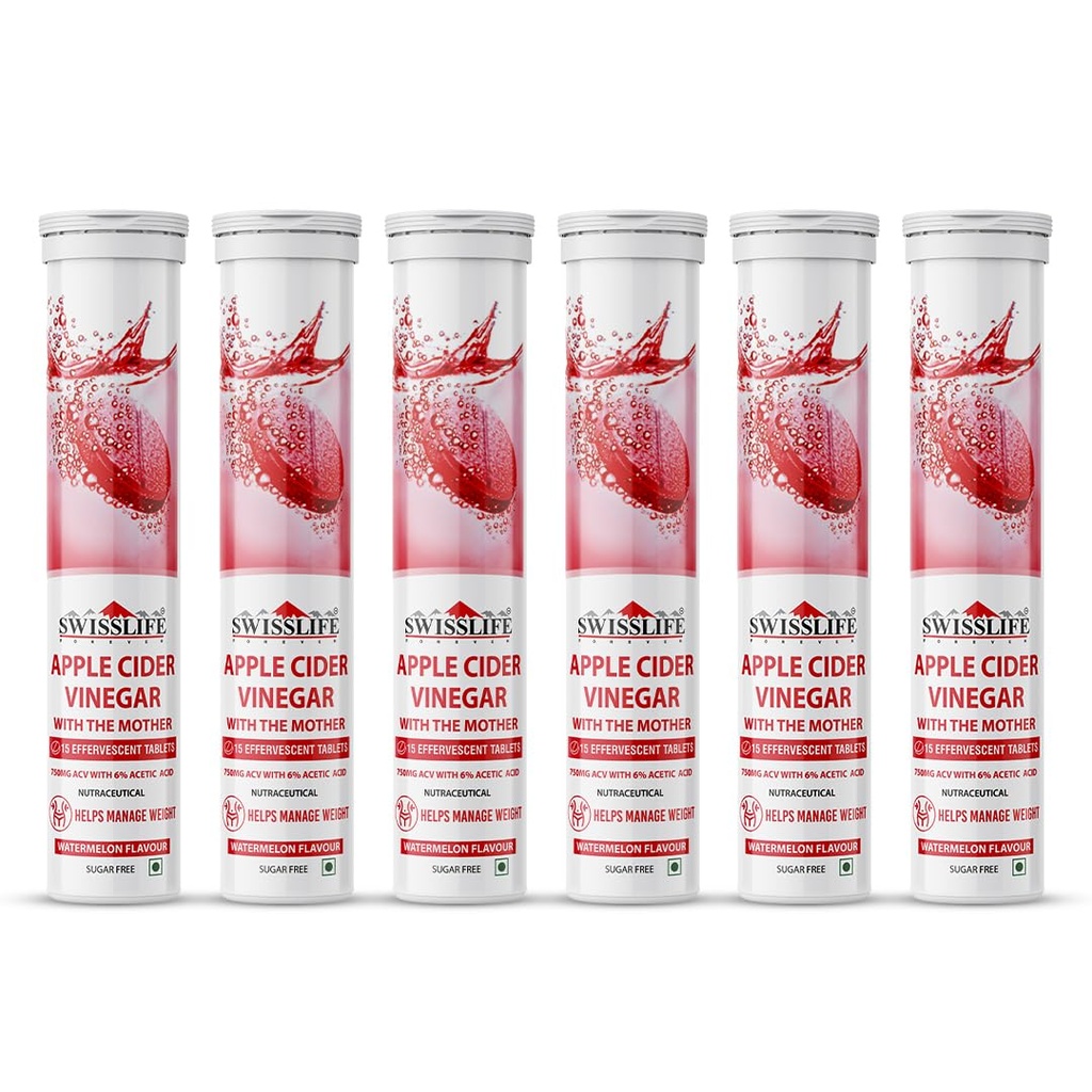 Apple Cider Vinegar Effervescent Tablets with Vitamin B6 & B12 | 750 mg | Plant-Based | Supports Digestion & Metabolism | Watermelon Flavour | 15 Tablets (Pack of 6)