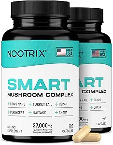 Nootrix Smart Mushrooms Complex Supplement | Supports Memory, Mental Focus, Cognitive Health & Energy | 27,000mg Organic Mushrooms | Lions Mane, Reishi, Cordyceps, Chaga & Turkey Tail | 240 Capsules