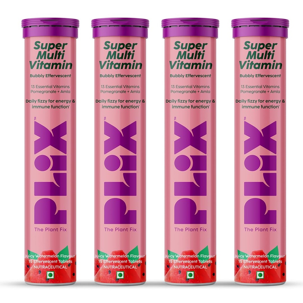 PLIX - THE PLANT FIX Multivitamin 15 Effervescent Tablets (Pack of 4, Juicy Watermelon) for Daily Nutrition | Strengthens Immune System, Energy, Enhanced Performance & Stamina, 100% RDA
