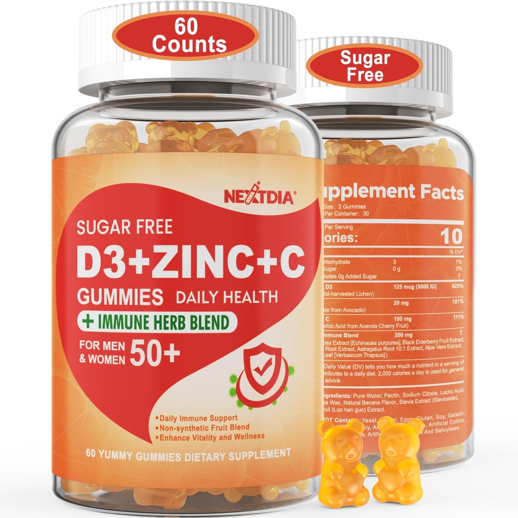 Suikervrije vitamine C + D3 + Zink Gummies voor volwassenen 50 +, 9 in 1 Immune Defense Supplement met D3 5000IE, Vlierbes, Echinacea, Mullein Leaf voor Boost Immunity, Power Antioxidant, Vegan (pakket van 1)