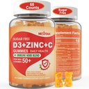 Suikervrije vitamine C + D3 + Zink Gummies voor volwassenen 50 +, 9 in 1 Immune Defense Supplement met D3 5000IE, Vlierbes, Echinacea, Mullein Leaf voor Boost Immunity, Power Antioxidant, Vegan (pakket van 1)