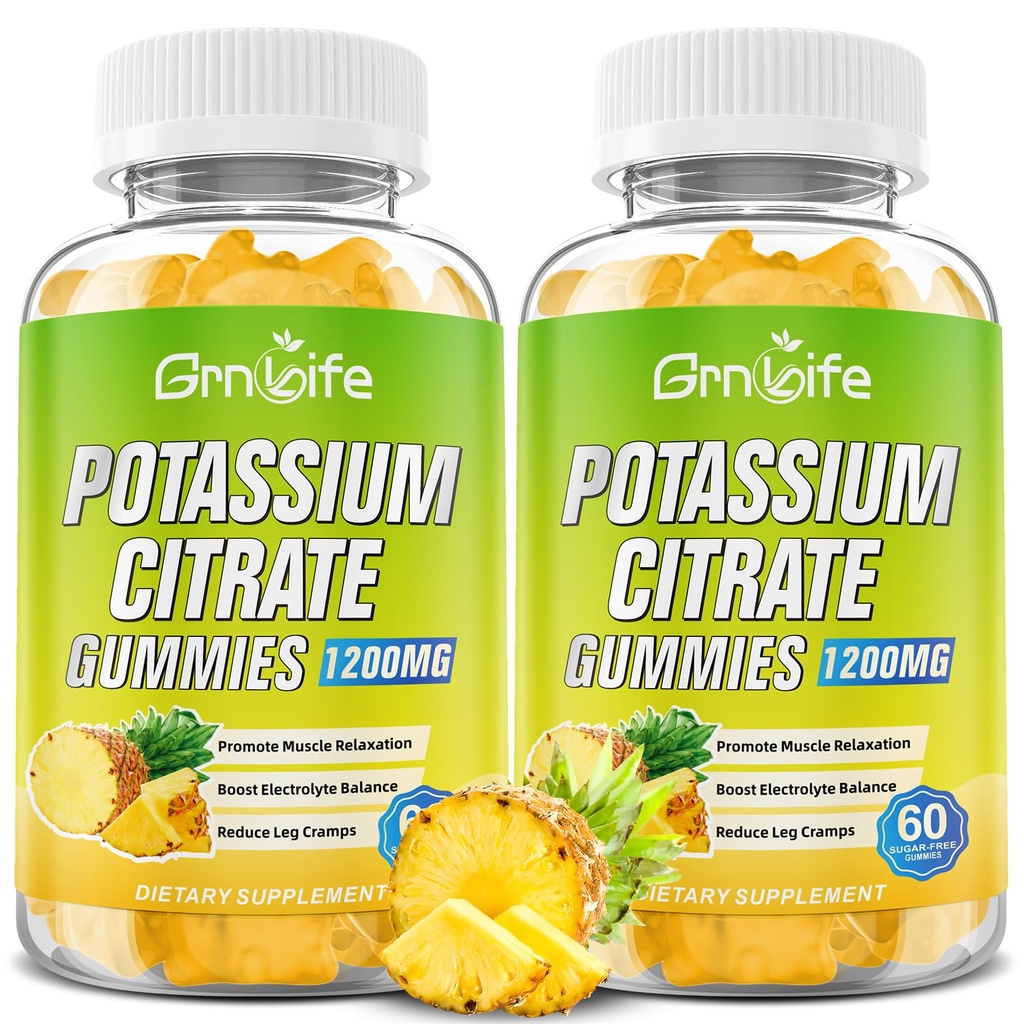 Citrate de potassium Gummies, supplément de potassium élevé Gummies 1200mg Soutien Crampes de jambe et santé musculaire, pour adultes et enfants, végétalien, ananas Flavor 120 Comte