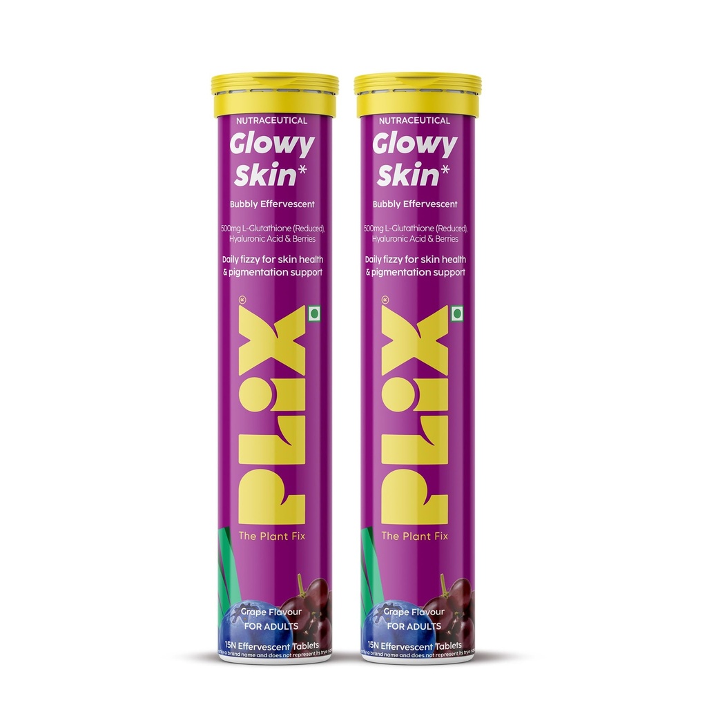 PLIX - THE PLANT FIX Glutathione Effervescent Tablets for Clear, Glowing & Youthful Skin | 500mg Glutathione, Vit E & Hyaluronic Acid | No Maltodextrin, No Sugar | Pack of 2 (30 tabs) | Grape