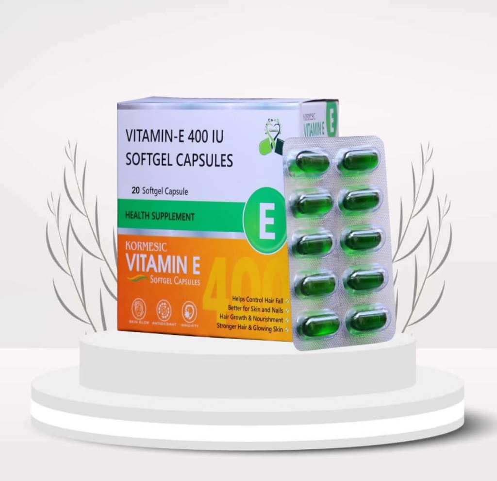 KORMESIC VITAMIN E 400 (Pack of 20 Capsule) For Face and Hair, Antioxidant Support and Immunity Booster Controls Wrinkling, Skin Dehydration