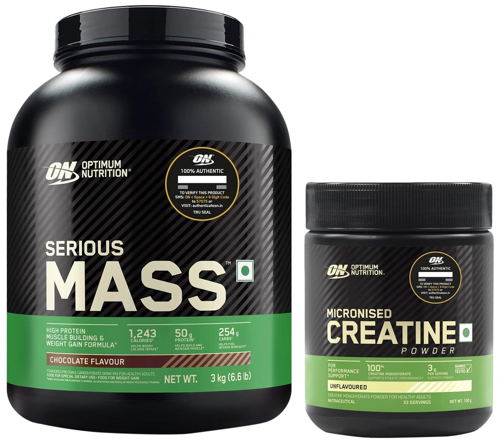 OPTIMUM NUTRITION (ON) Serious Mass High Protein High Calorie Weight Gainer Powder - 3 kg (Chocolate) & (ON) Micronized Creatine Powder - 100 Gram, Unflavored., 2 count, 33 servings