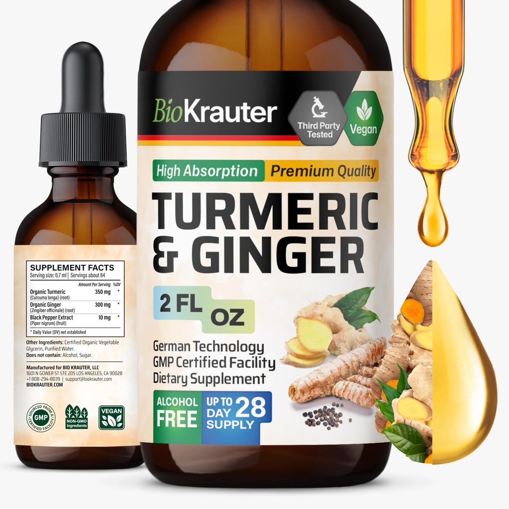 BIO KRAUTER Kurkuma en Gember supplement Tinctuur - Kurkuma Curcumine Immune Support Drops - Gember Extract met zwarte peper - Vegan formule - 2 Fl.Oz.