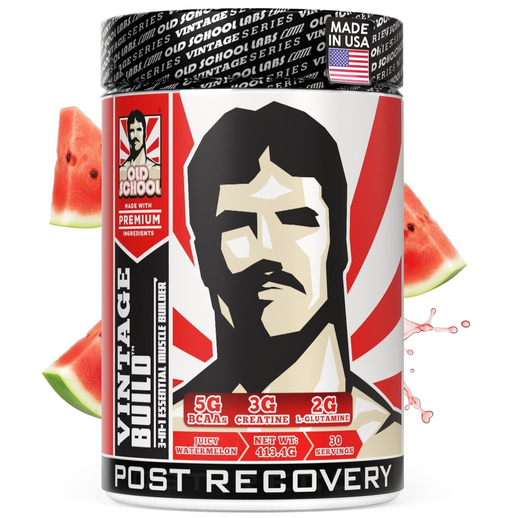 Vintage Build – Après l'entraînement Recovery & Muscle Building Powder Drink for Muscular Strength & Growth - Réduit la douleur – Créatine Monohydrate, BCAAs, L-Glutamine – Juticky Watermelon Flavor – 388g