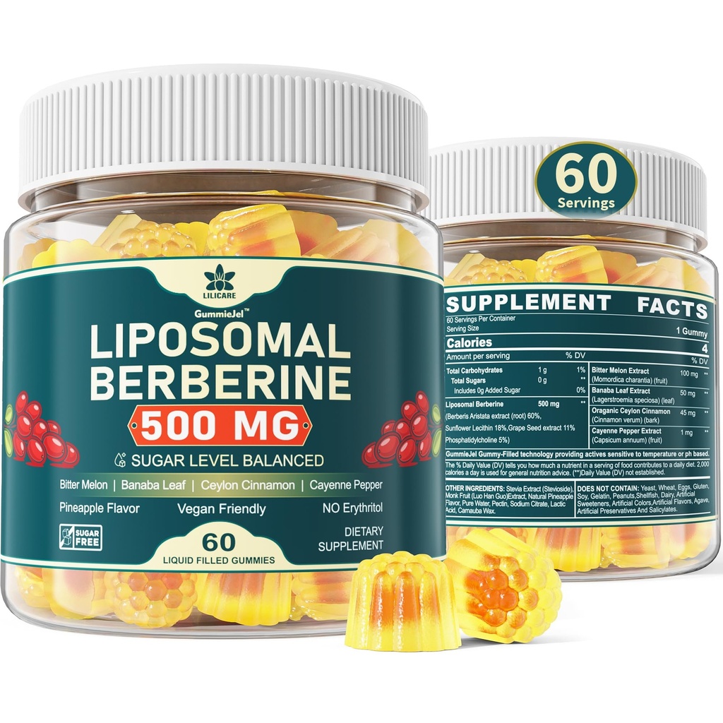 Berberine 500mg Supplement, Eenmaal daags, Liposomale Gummies met Ceylon Cinnamon, Bitter Melon, Banaba Leaf voor Metabolisme Balanced, AMPK Activator, Hoge Absorptie, Suikervrij, Veganistisch, 60 Ct