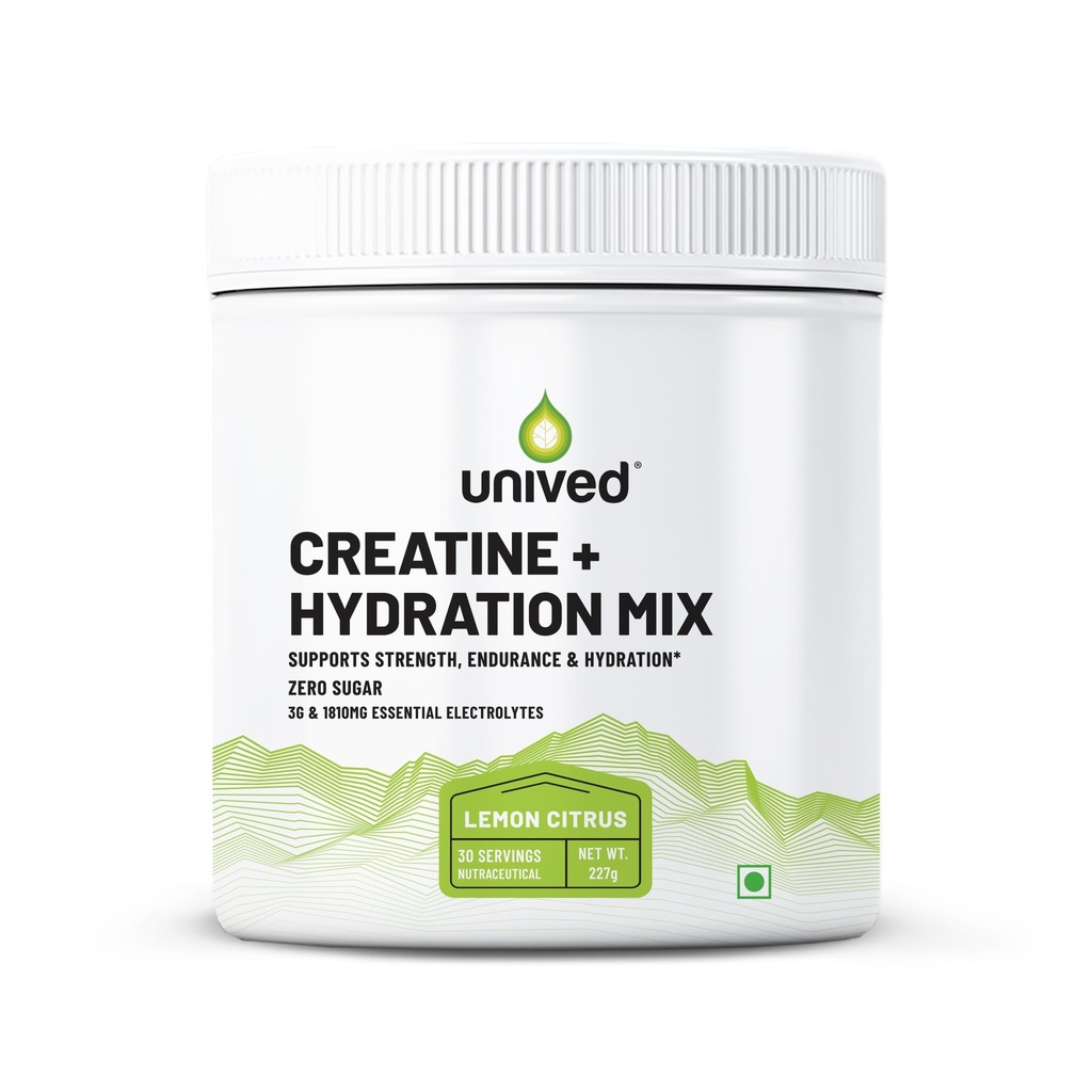 Unived Creatine with Hydration | Creatine Monohydrate 3 g per Serving with Electrolytes | Sodium, Potassium & Magnesium | Lemon Flavour | For Athletes & Active Individuals