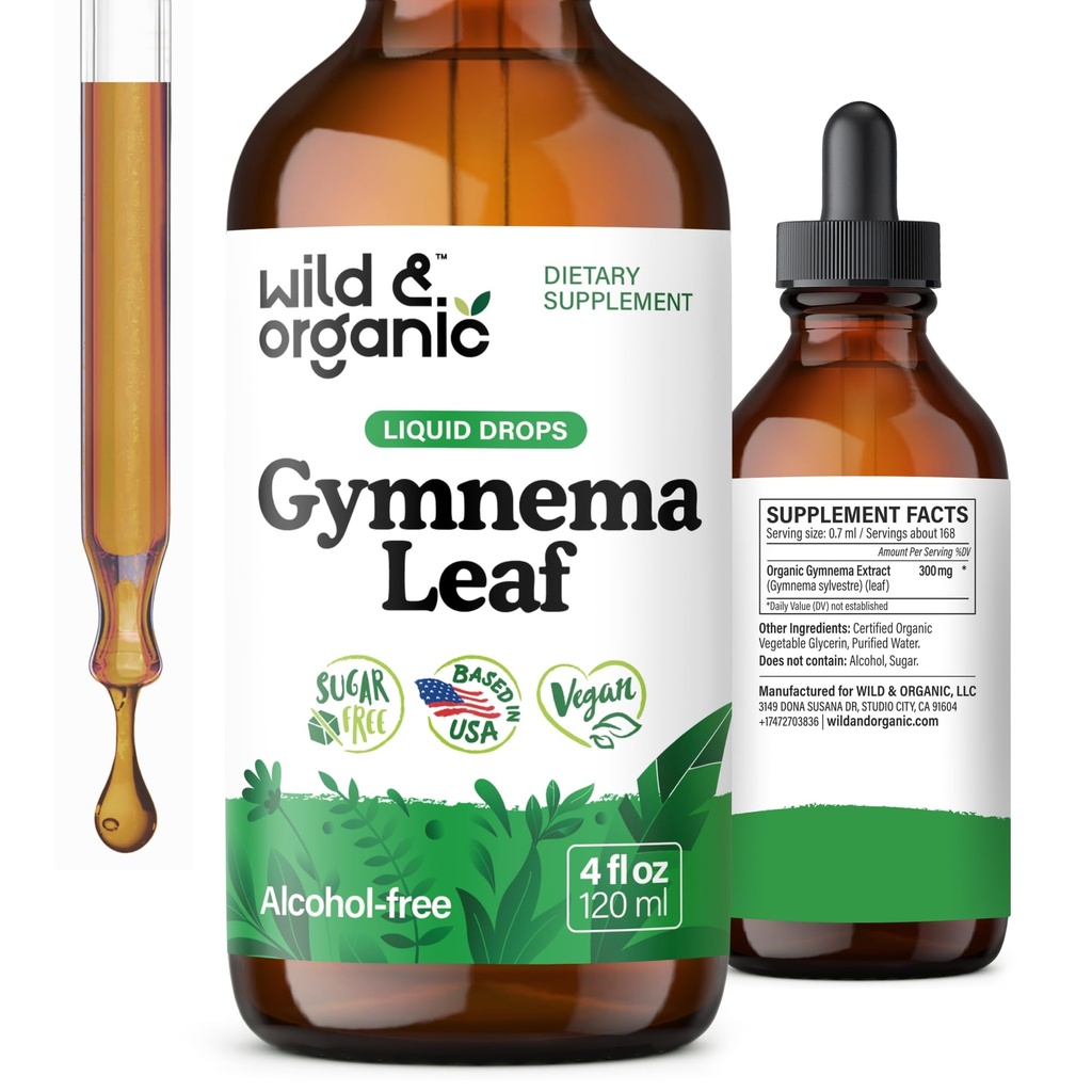 Wild & Organic Gymnema Sylvestre Extract Drops - Sugar-Free Gymnema Sylvestre Supplementen - Gurmar Powder Based Tinctuur - Vegan, Alcohol-Free Leaf Liquid Drops - 4 fl oz