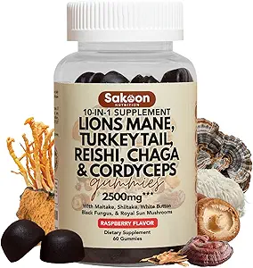 Sakoon voeding Leeuwen Mane Mushroom Gummies met Turkije staart, Reishi & Meer, 2500mg, 60 Graaf, Raspberry Flavored