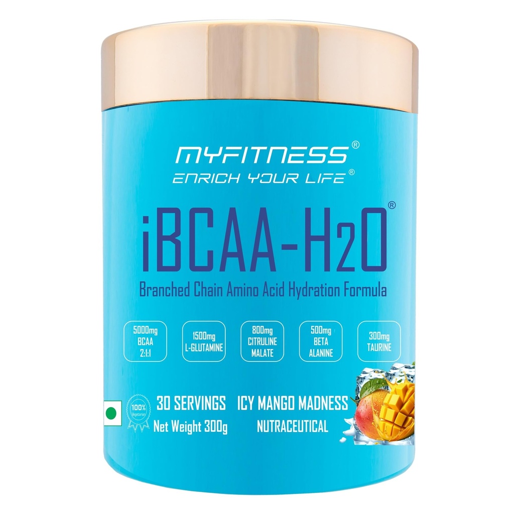 Myfitness BCAA Powder 5000mg | iBCAA H2O | 30 Servings | BCAA Supplement for Men & Women | Pre Workout & Intra Workout Supplement + Amino Acids | 300g (300g, Mango Madness)