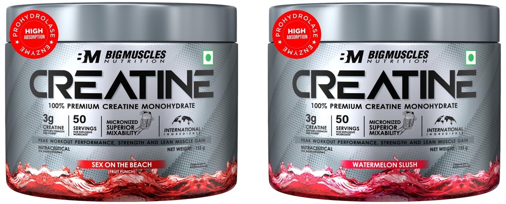 Bigmuscles Nutrition Creatine 155G (50 Servings) Powder Sex On The Beach | Micronized Monohydrate For Muscle Repair & Strength & Creatine 155G (50 Servings) Watermelon Slush Combo