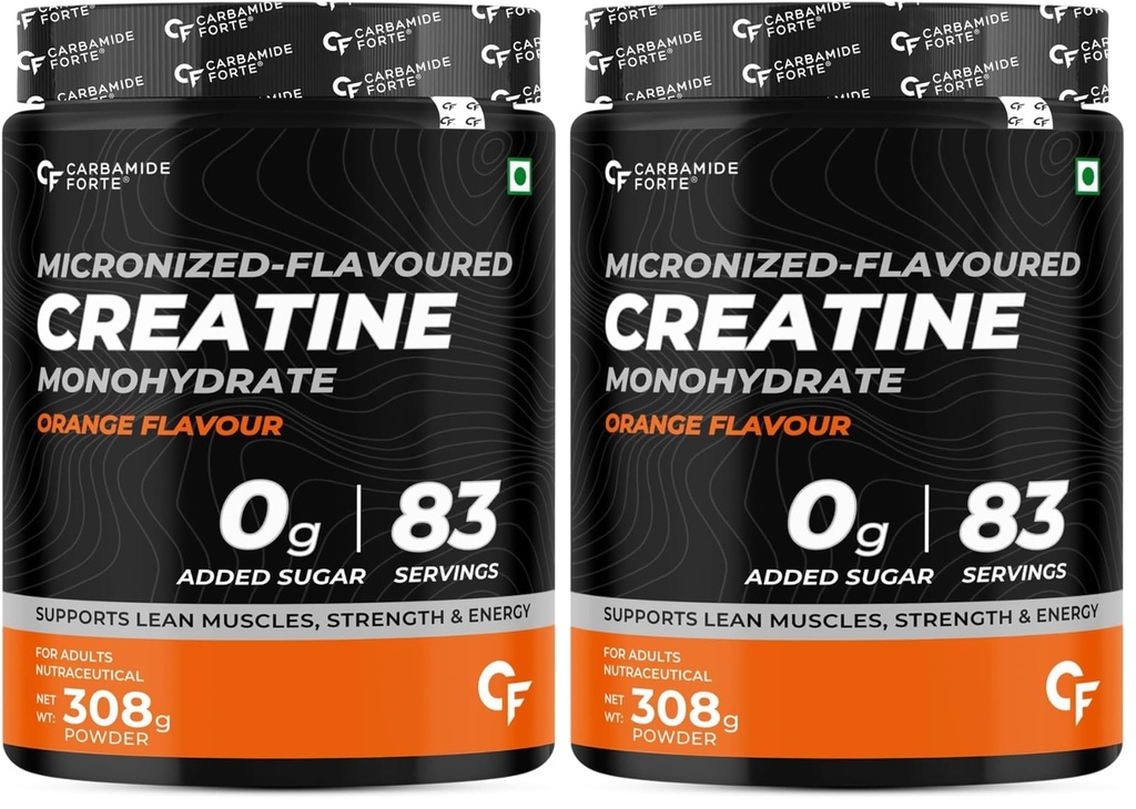 Carbamide Forte Creatine Mono hydrate Powder | Micronized Creatine Monohydrate 308g | Micronized Monohydrate Creatine Supplement for Lean Muscle, Strength & Energy - Orange - 83 Servings - 308g