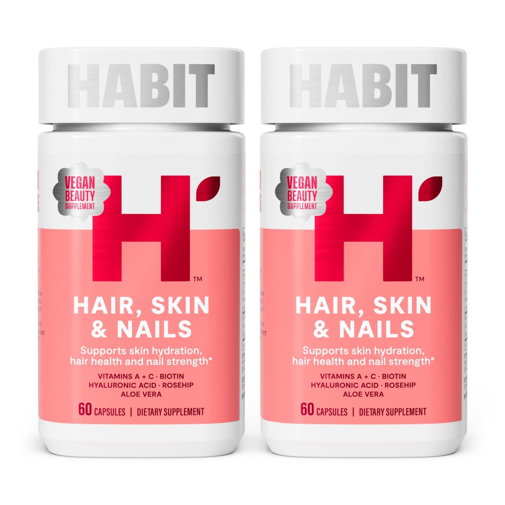 Gewoonte Haar, Huid & Nagels Supplement 2 Pack (120 Capsules) - New Look, Ondersteunt de hydratatie van de huid, Haar & Nail Strength, Biotin 2000mcg, Vitamine A & C, Hyaluronzuur, Rosehip, Vegan, Non-GMO