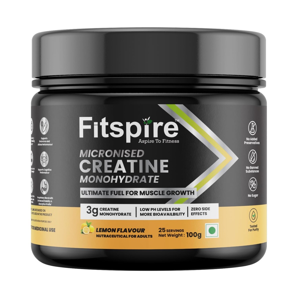 Fitspire Creatine Monohydrate Powder Lemon Flavour 100g (3g Per Scoop) | Fuel for Max Muscle Strength, Power & Growth | Improves ATP Production