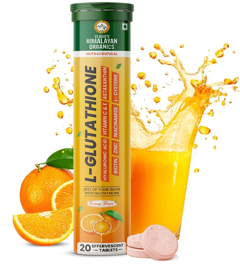 Vlado's Himalayan Organics Japanese Reduced L Glutathione Effervescent Tablets 1150mg with Hyaluronic Acid , Niacinamide, Biotin, Vitamin C, E , Astaxanthin, L Cysteine - For Anti-Pigmentation Skin Lightening, Detoxification Pigmentation,& Tan Removal , Skin Glow Supplement - 20 Effervescent Tablet ( Pack of 1 )
