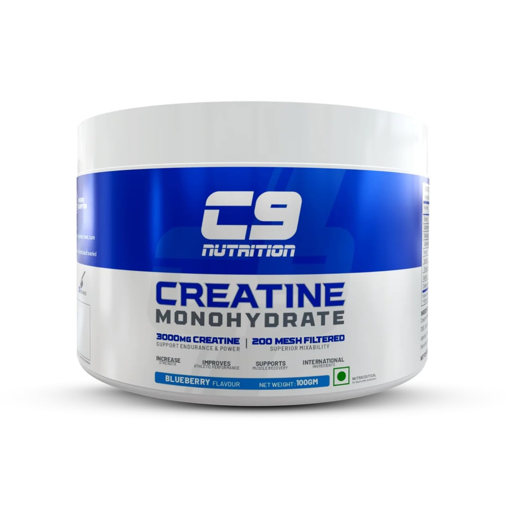 C9 Nutrition Micronized Creatine Monohydrate | 3000mg Ultra-Pure 200 Mesh Filtered Creatine Powder | Boost Strength, Power & Muscle Recovery | Zero Sugar | Blueberry Flavour | 100gm for Men & Women, 33 Servings (100gm, Blueberry)