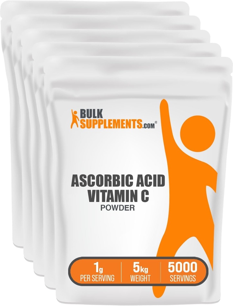 BulkSupplements.com Poudre d'acide ascorbique - Supplément de vitamine C, Acide ascorbique Classe alimentaire - Vitamine en poudre C, Support immunitaire - Sans gluten, 1g par portion, 5kg (11 lbs) (paquet de 5)