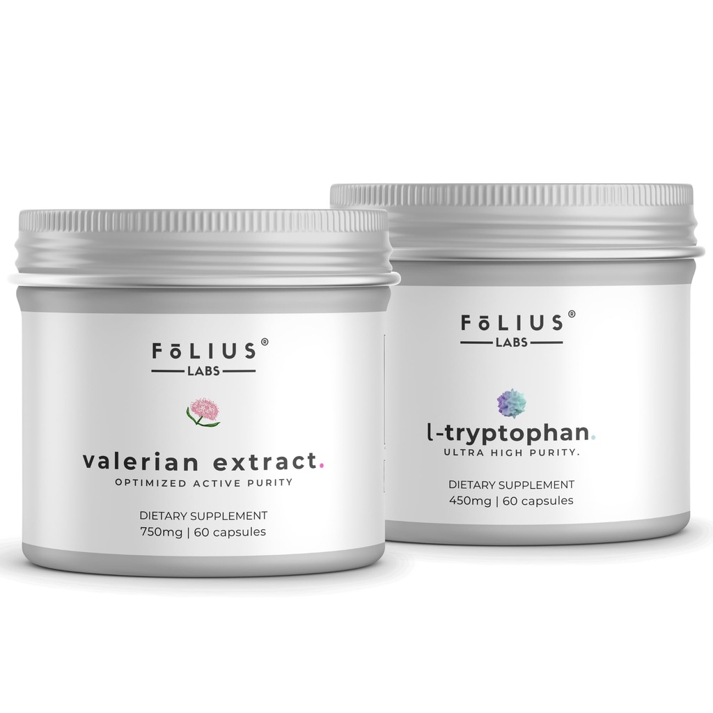 FOLIUS LABS Clean Label L-Tryptophan Supplement 450mg + Valerian Root 4:1 Extract Capsules 750mg Combo | Promotes Relaxation, Supports Restful Sleep - 60+60 Capsules