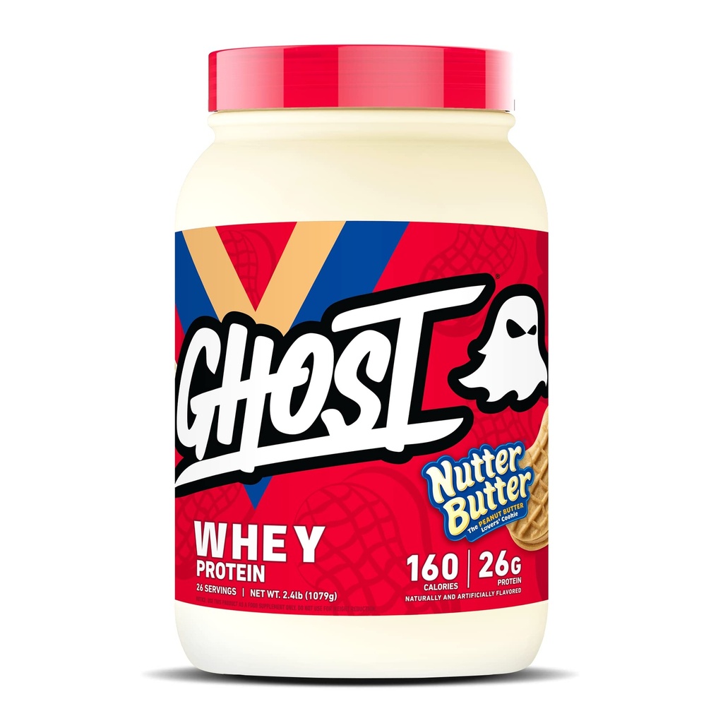 GHOST Wei Proteïnepoeder, Nutter Butter - 2LB, 26G eiwit - Wei Proteïne Blend - Post workout Fitness & Nutrition Shakes, Smoothies, Baking & Cooking - Cookie Pieces Inside