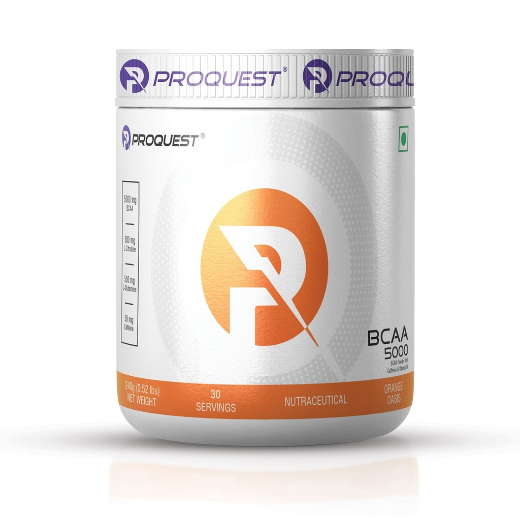 Proquest Nutrition BCAA 5000, 5g BCAAs in 2:1:1 Optimal Ratio (240g, 30 Servings) Orange Oasis Flavor | Powerful Intra Workout Supplement for Men & Women for Muscle Recovery, Hydration & Endurance