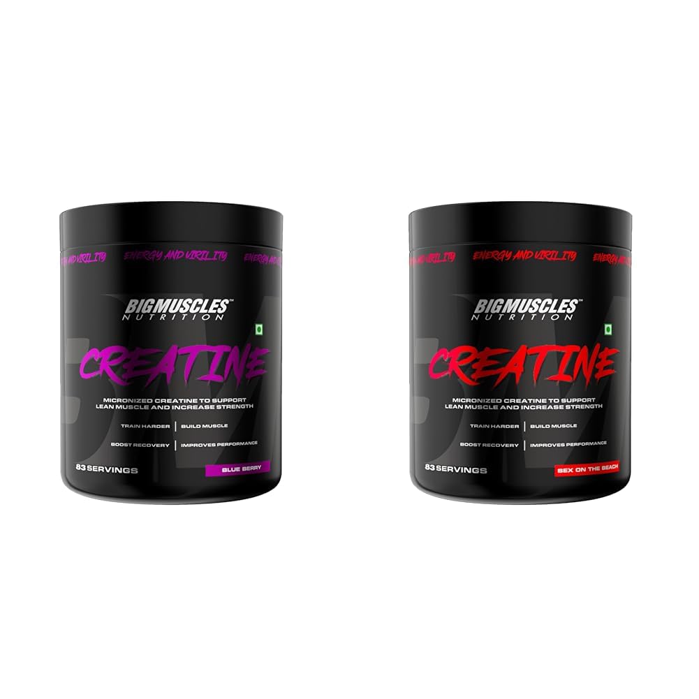 Bigmuscles Creatine Combo – Micronized Creatine Monohydrate 257g (83 Servings), Blueberry Flavour + Sex on the Beach Flavour, Lean Muscle Repair & Recovery Powder