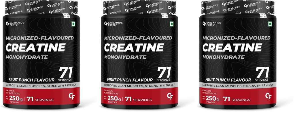 Carbamide Forte Creatine Mono hydrate Powder | Micronized Monohydrate Creatine 250g | Micronized Monohydrate Supplement for Lean Muscle, Strength & Energy - Fruit Punch- 71 Servings - 250g (Pack of 3)