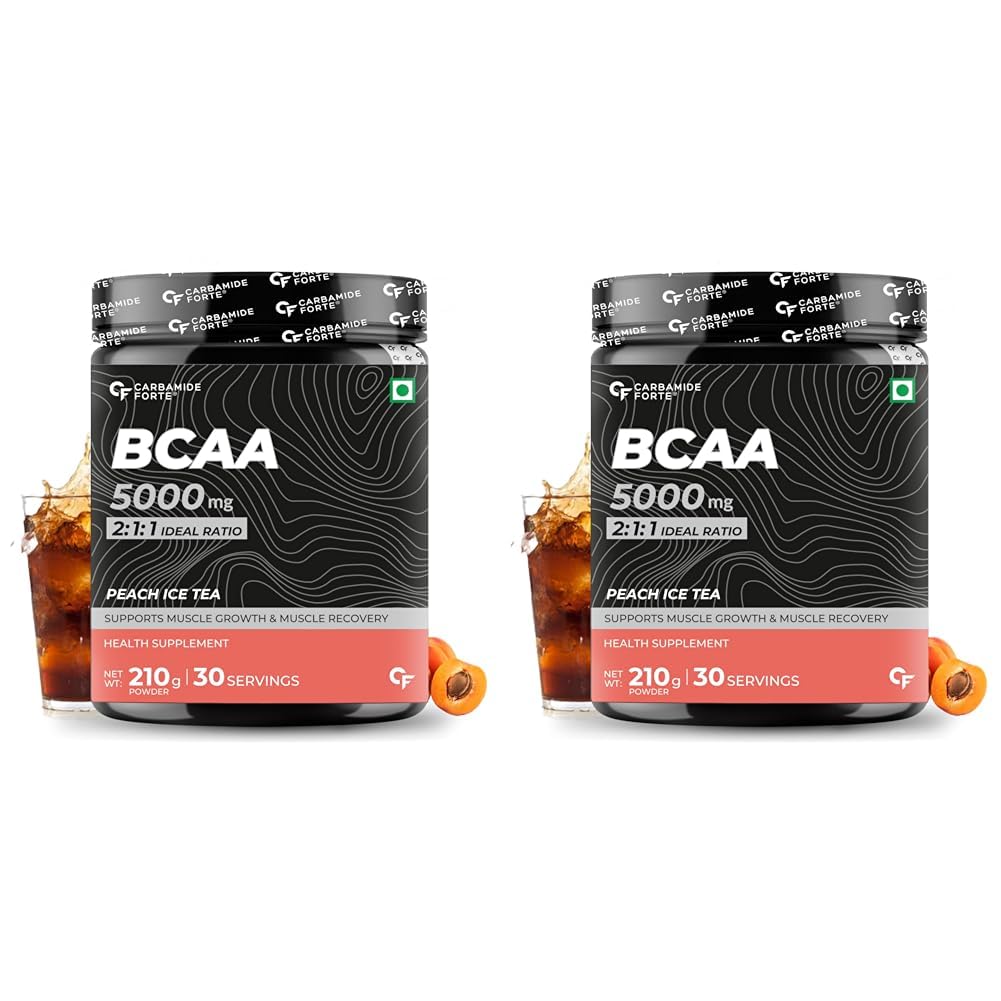 Carbamide Forte BCAA 5000mg Supplement for Men & Women 7g Serving with Ideal 2:1:1 Ratio | BCAA Powder for Muscle Growth & Muscle Recovery - Peach Ice Tea Flavour - 210g (Pack of 2)
