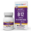Superior Bron Geen Shot Vitamine B-12 Cyanocobalamine 1000 mcg, B-6, Folic Acid 400 mcg - Ondersteuning Hersenen en Hart Gezondheid - Hulp Natuurlijke Energieniveaus - 100 Sublingual Dissolving Tablets
