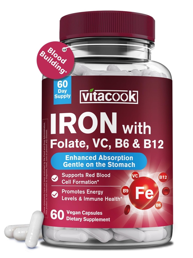 IJzersupplement voor vrouwen en mannen, ijzerbisglycinaat met vitamine C, B6, B12, Folaat, Maagvriendelijk, niet-constipatief, bloedgezondheid en energieboost, 60 veganistische caps