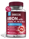 IJzersupplement voor vrouwen en mannen, ijzerbisglycinaat met vitamine C, B6, B12, Folaat, Maagvriendelijk, niet-constipatief, bloedgezondheid en energieboost, 60 veganistische caps