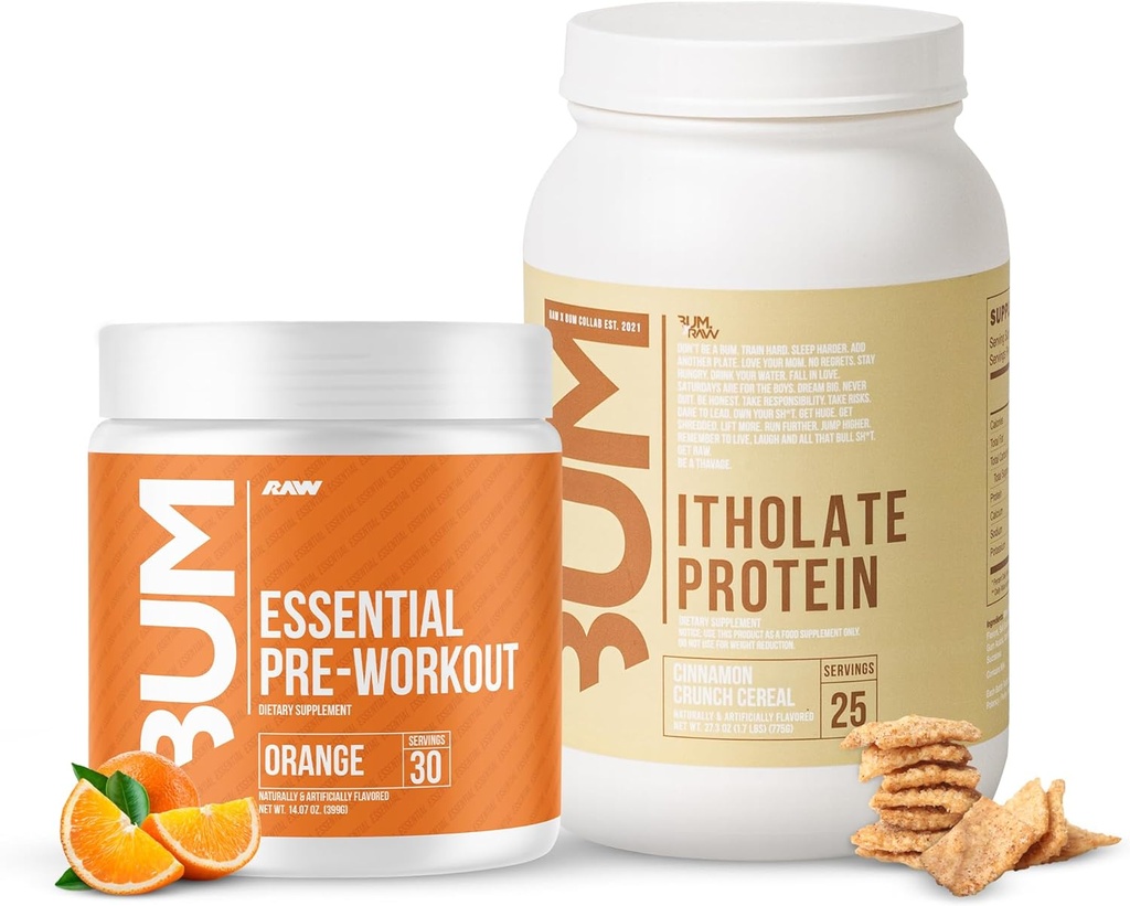 RAW Whey Isolaat Proteïne Poeder en essentiële pre-workout Poederbundel (Cinnamon Crunch & Orange) - Chris Bumstead Sportvoeding Supplement voor mannen en vrouwen
