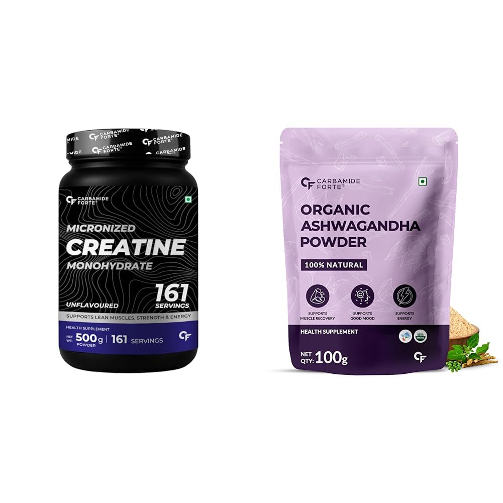 Carbamide Forte Creatine Mono hydrate Powder - Unflavoured - 500g & 100% Organic Ashwagandha Powder 100gm