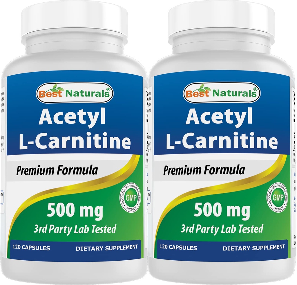 Best Naturals Acetyl L-Carnitine (ALCAR) 500 mg, 120 capsules, 120 porties - Non-GMO en Glutenvrij, 1 capsule per portie (2 verpakkingen)