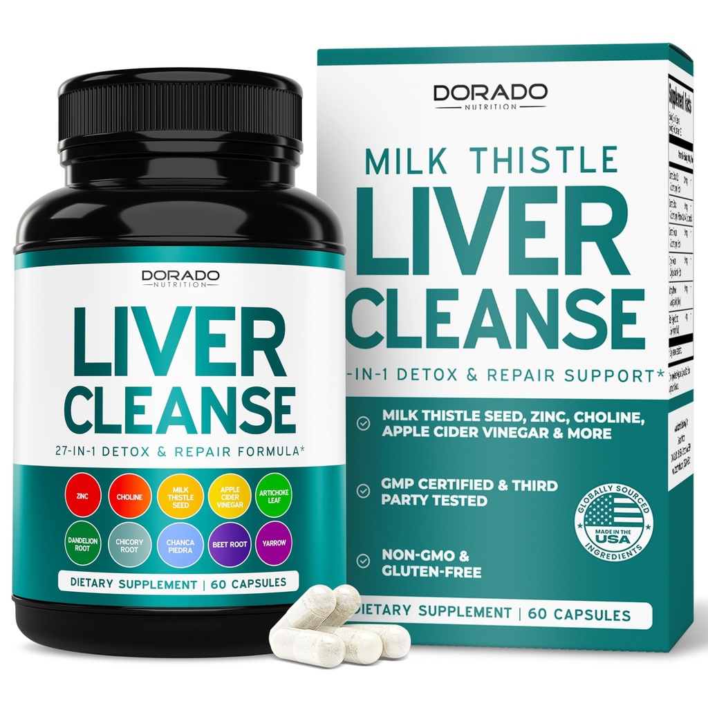 Lever Reiniging Detox & Reparatie 27 in 1 Formule - Melkdistel, Dandelion Root, Kurkuma, Artichoke Extract & Meer - Lever Detox Ondersteuning Supplement - 3rd Party Tested, Vegan Safe & USA Made (60 Tel.)