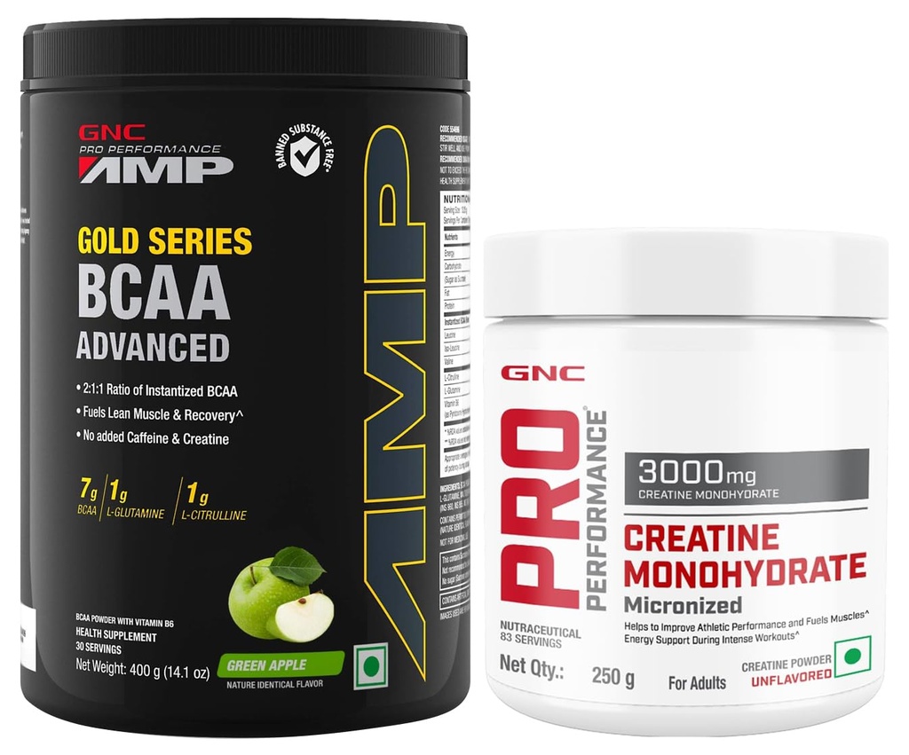 GNC AMP Gold Series BCAA Advanced Powder| Green Apple | 400 Grams & Creatine Monohydrate, (Unflavoured, 250 Grams Powder)