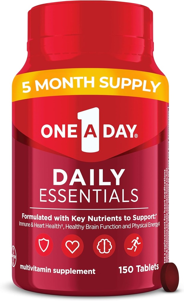 One A Day Daily Essentials, Multivitamine voor vrouwen en mannen, ondersteunt gezonde hersenen en spierfunctie en immuungezondheid, volwassen multivitamine met vitamine D, E en vitamine B12, 150 Tel.
