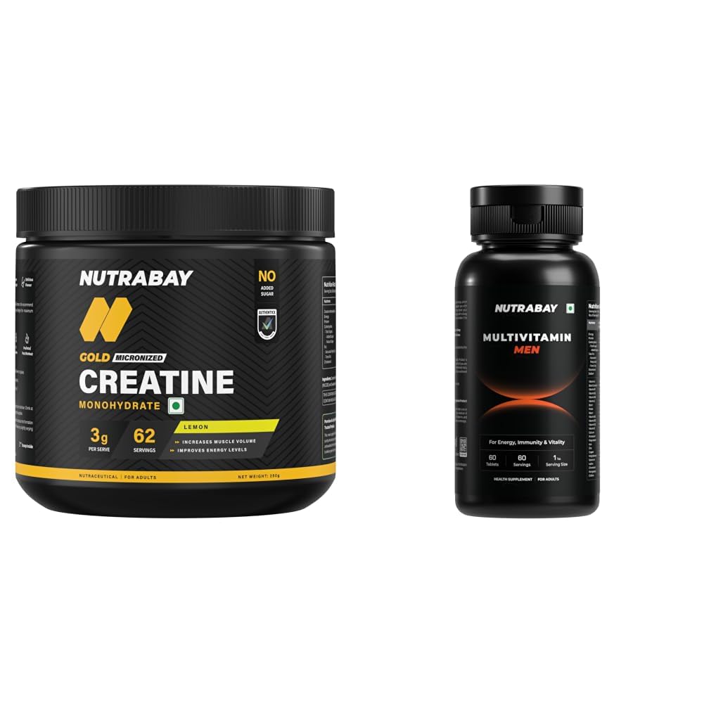 Nutrabay Gold Micronised Creatine Monohydrate Powder - 250g, Lemon and Pro Active Multivitamin for Men - 60 Veg Capsules