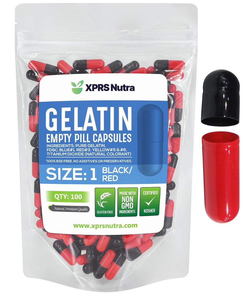 XPRS Nutra Formaat 1 Lege capsules - 100 Tellen Lege Gelatine Capsules - Pillen DIY Supplement Capsule vullen - Vulbare kleur Gel Caps Pillen voor Do It Yourself Supplements (Zwart/rood)